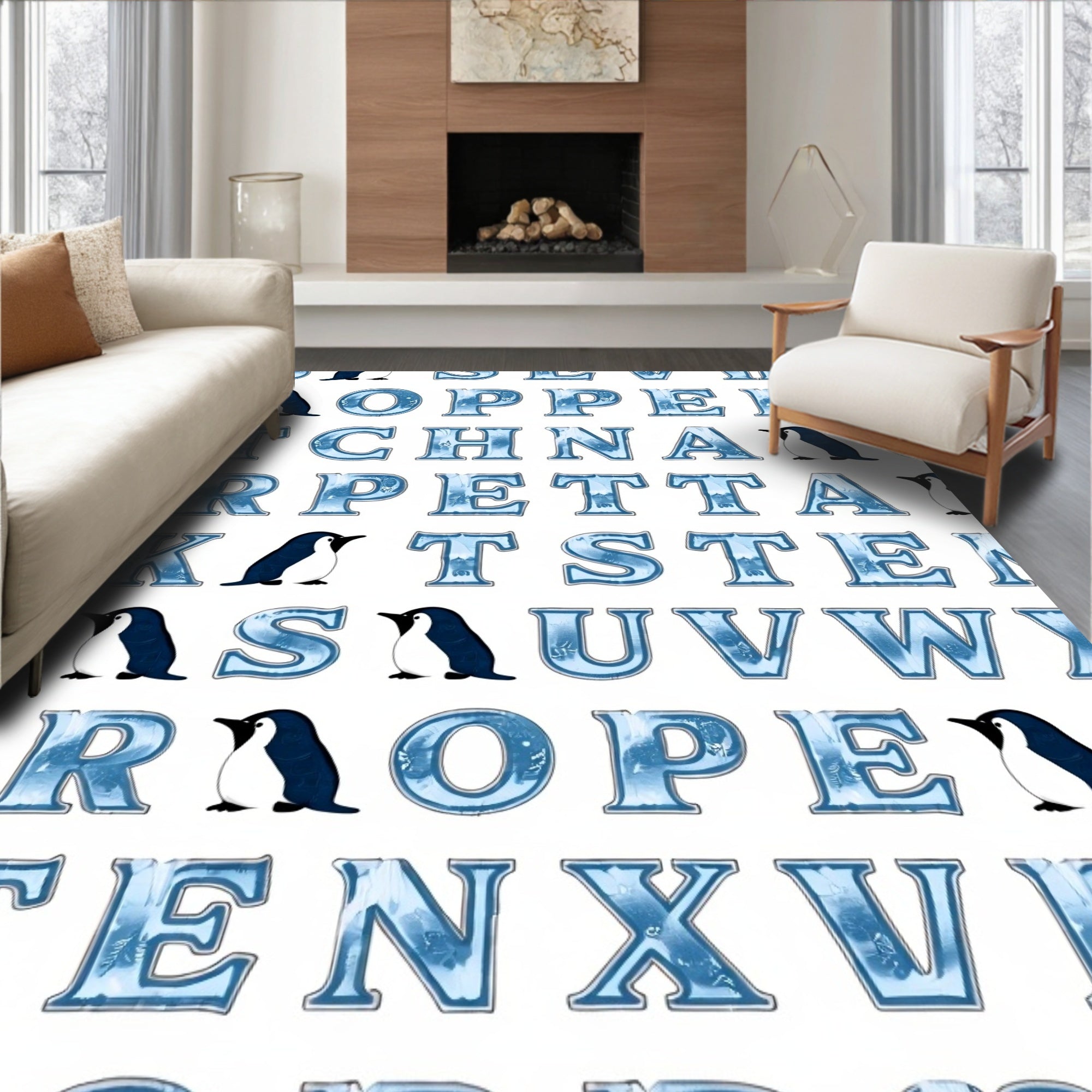 Blue Icy Alphabet Penguin Collage Rug