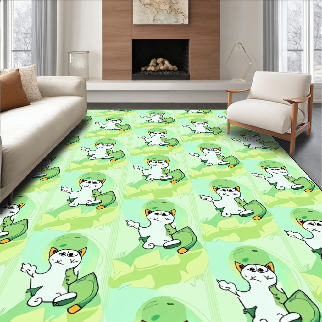 Whimsical Cat Skateboarding Green Tones Rug