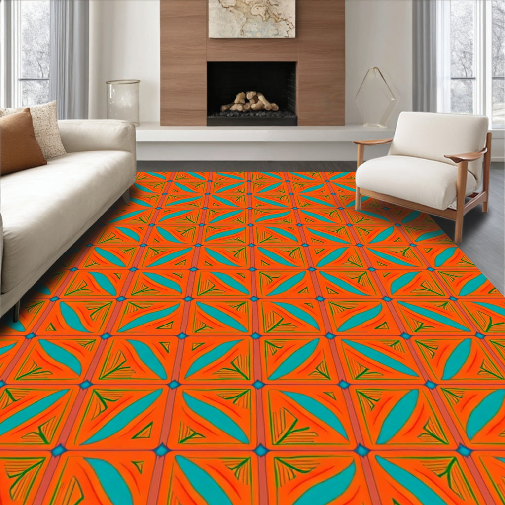 Orange Teal Geometric Abstract Squares Rug