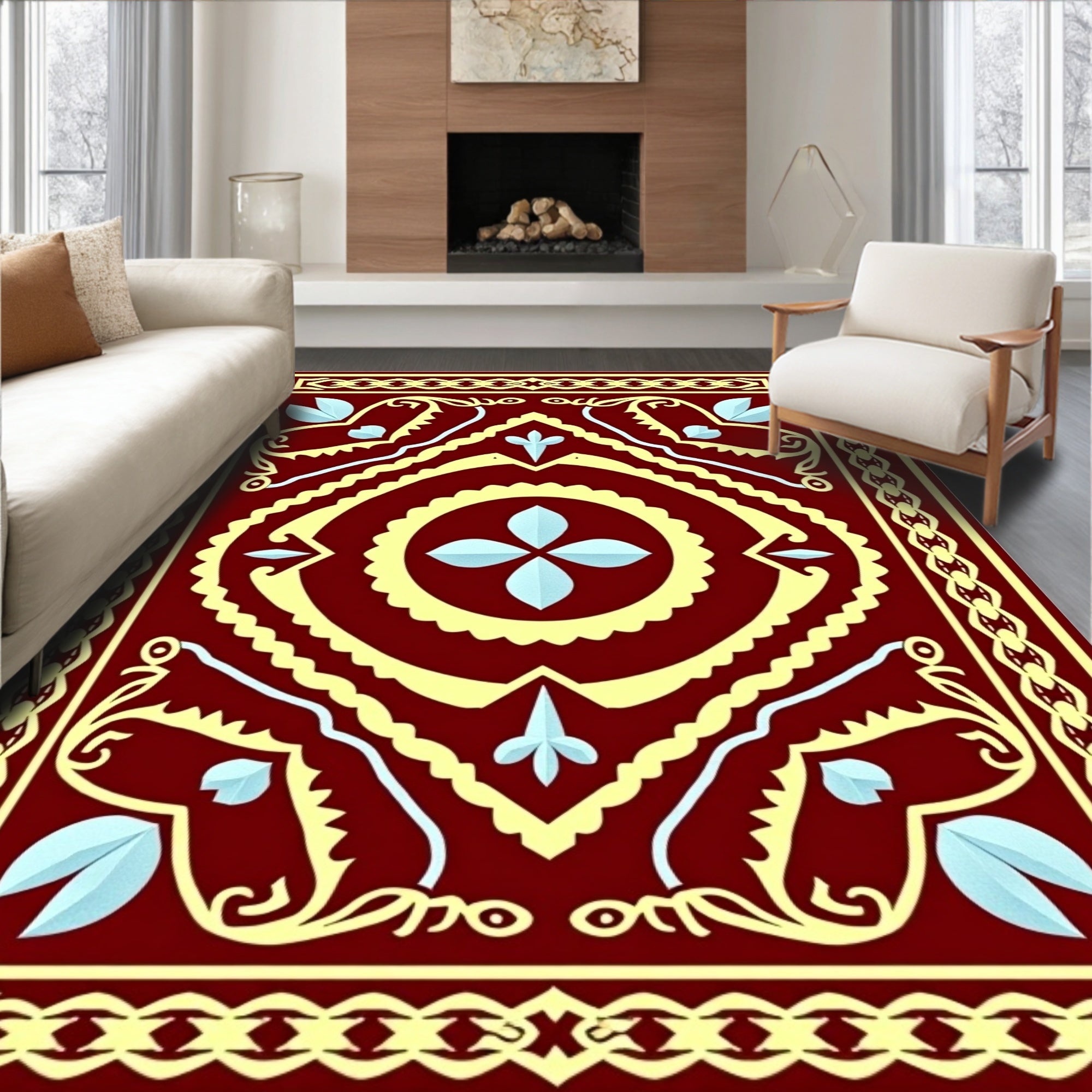 Crimson Yellow Light Blue Floral Medallion Rug