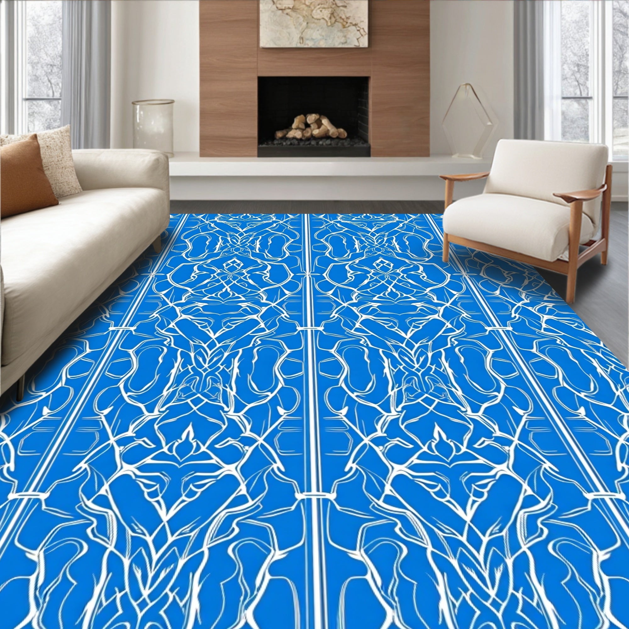 White Labyrinth Blue Ornate Rug