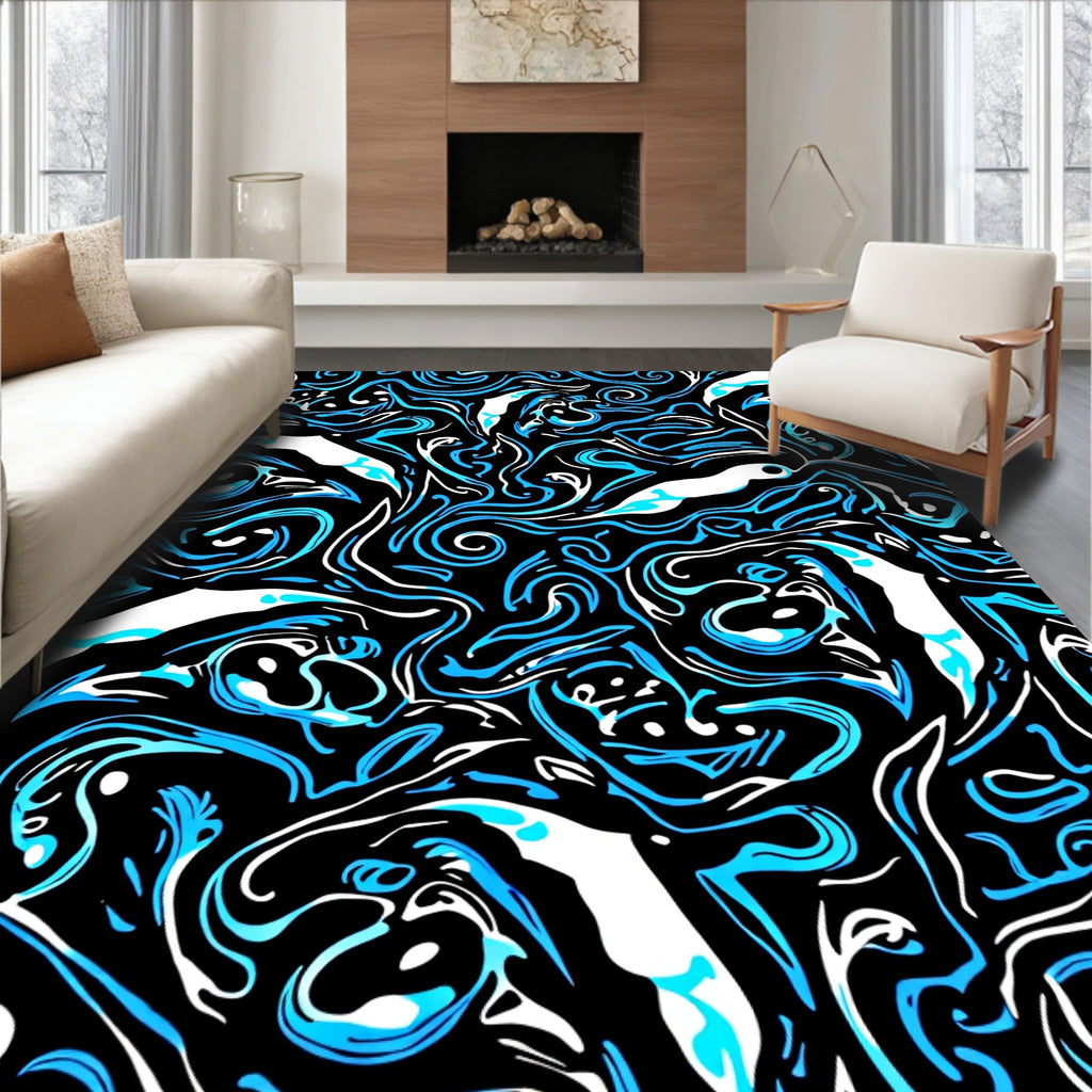 Bold Blue Abstract Swirl Fish Rug