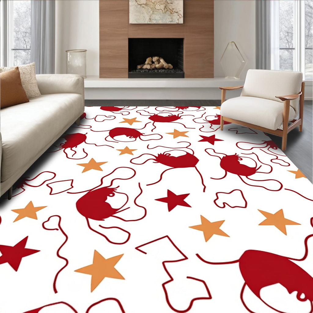 Whimsical Red Figures Golden Stars Rug