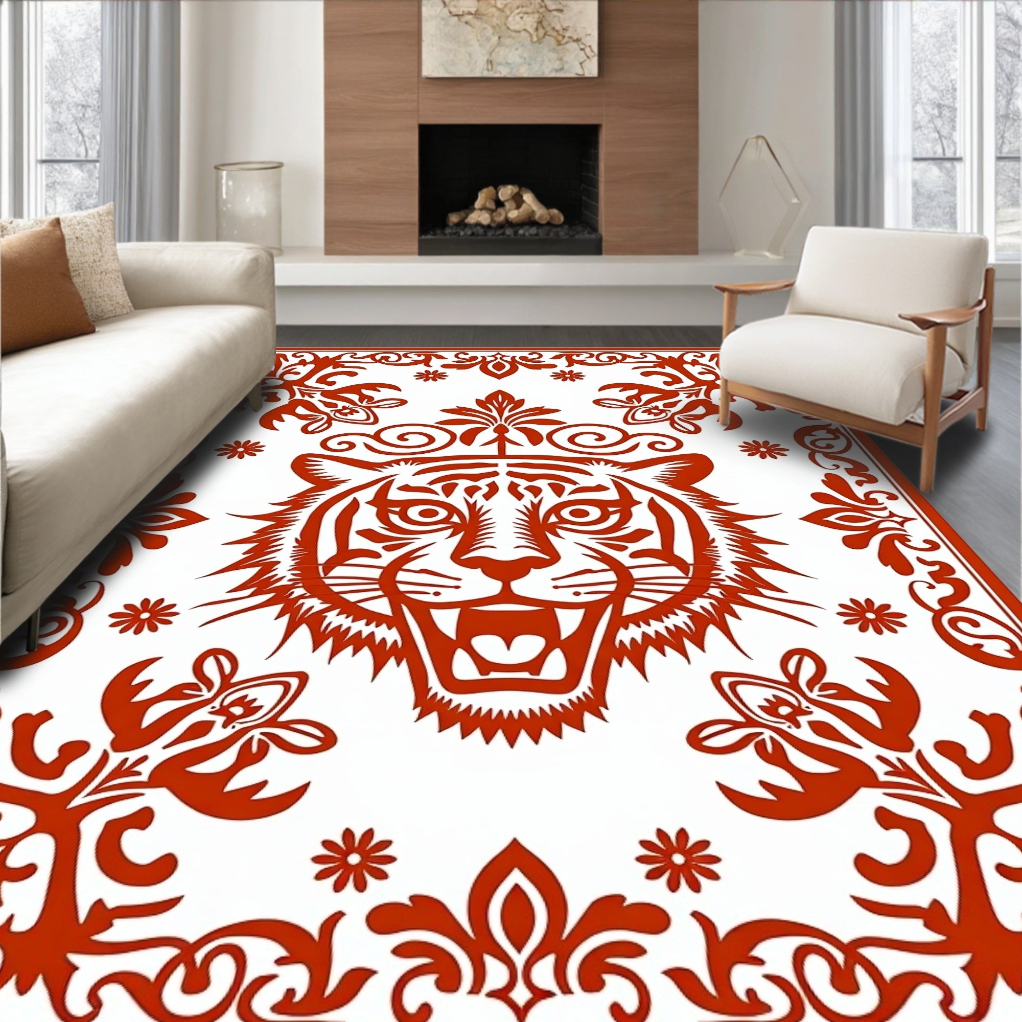 Crimson Roaring Tiger Floral Frame Rug