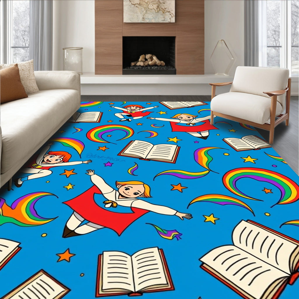 Whimsical Flying Children Rainbow Books Rug