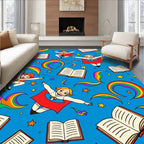 Whimsical Flying Children Rainbow Books Rug