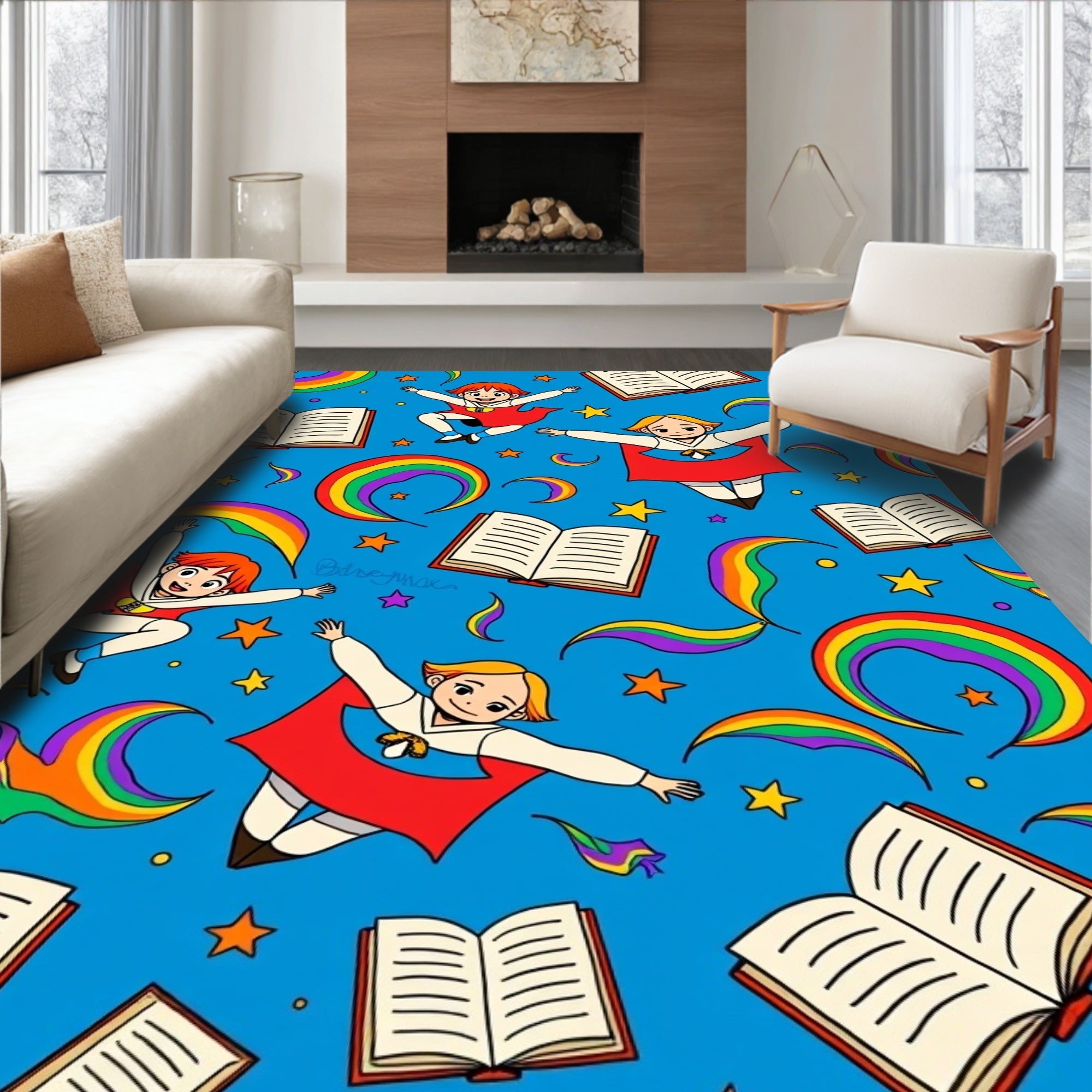 Whimsical Flying Children Rainbow Books Rug