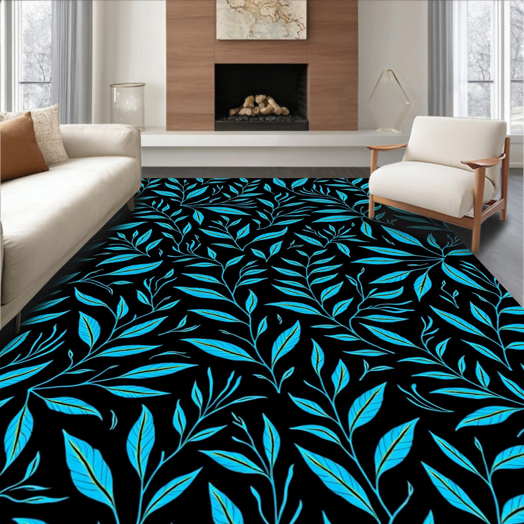 Bright Teal Foliage on Black Background Rug