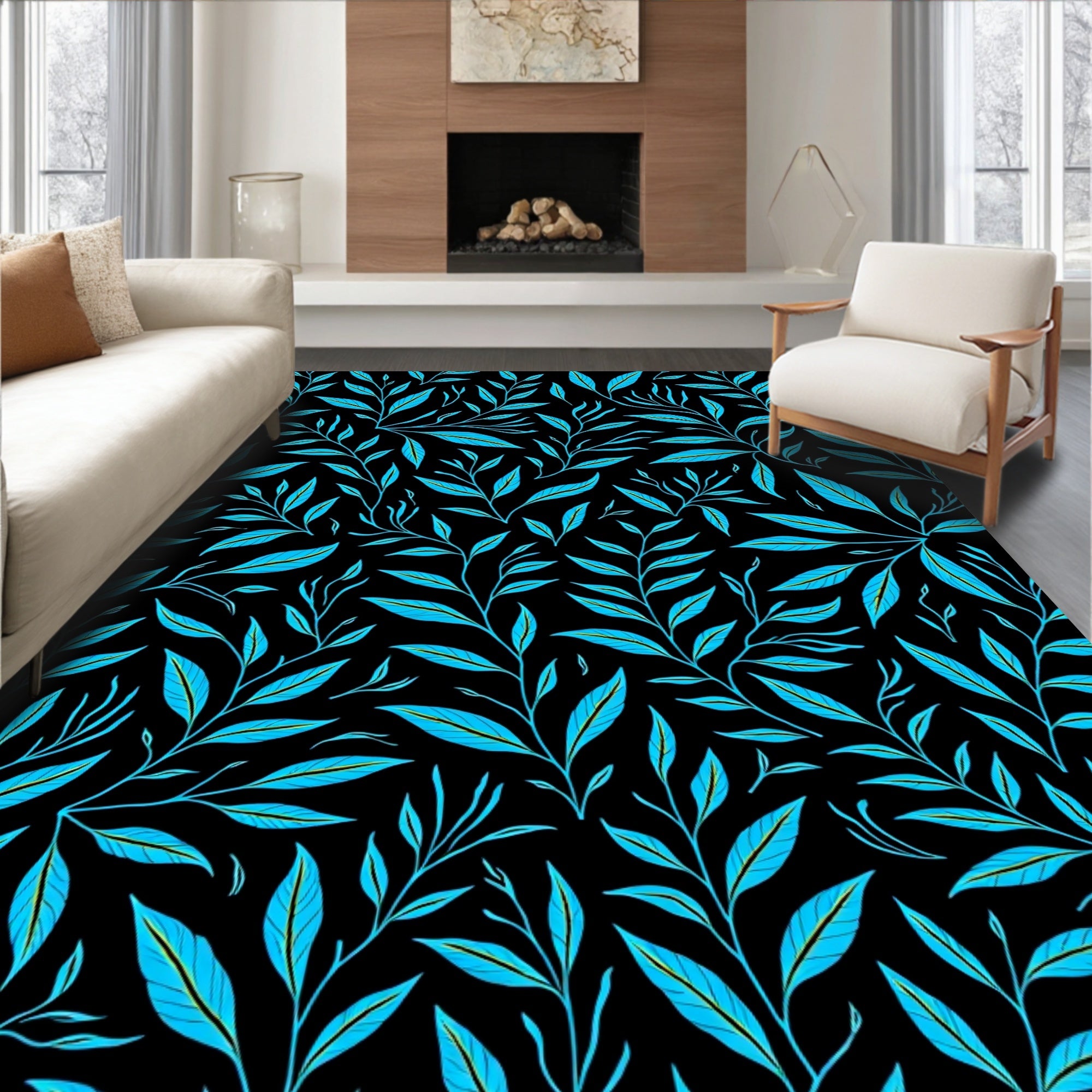Bright Teal Foliage on Black Background Rug