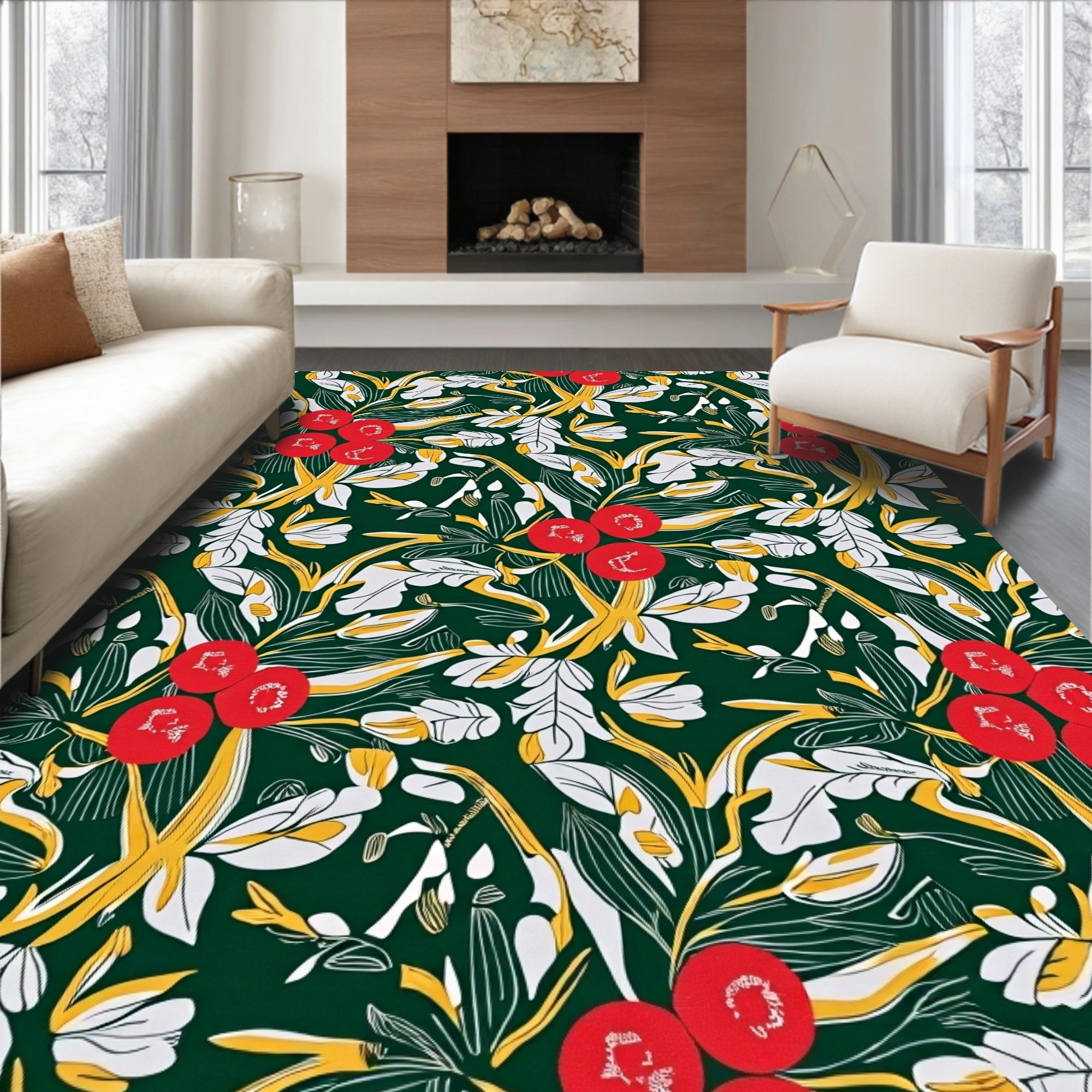 Deep Green Red Berry Floral Botanical Rug