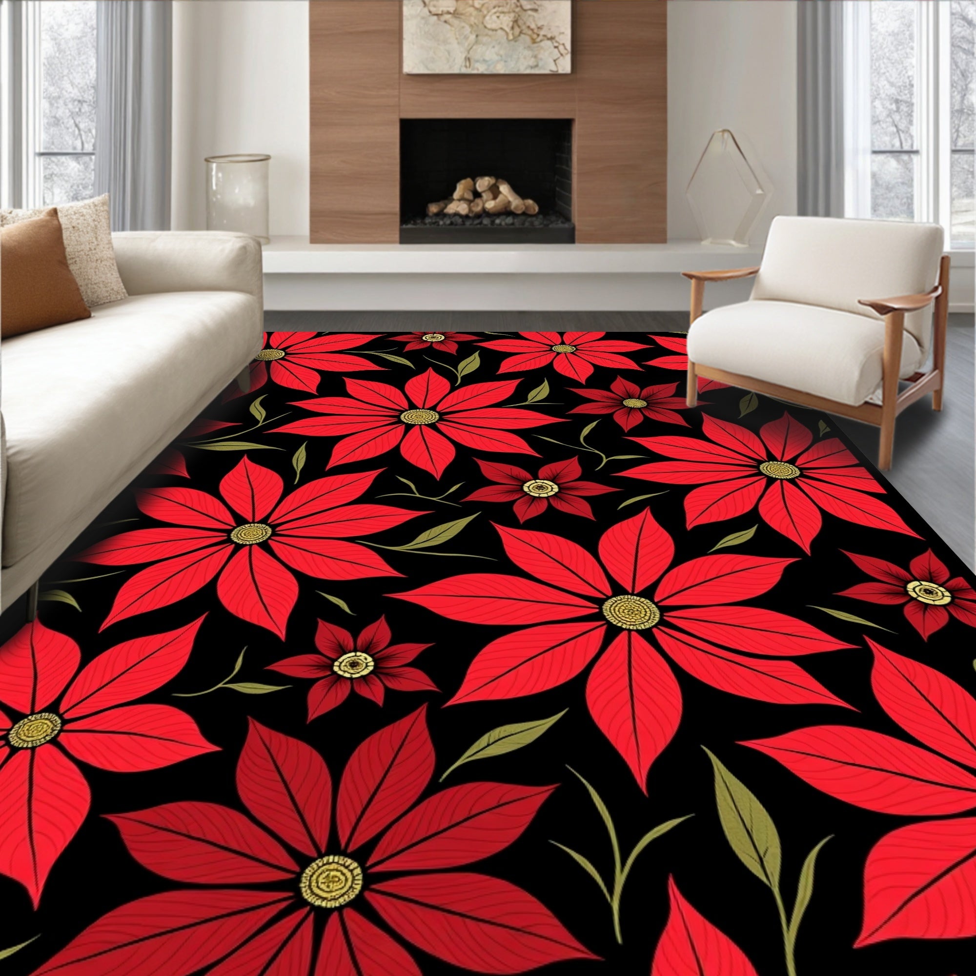 Vibrant Red Poinsettia Flower Garden Rug