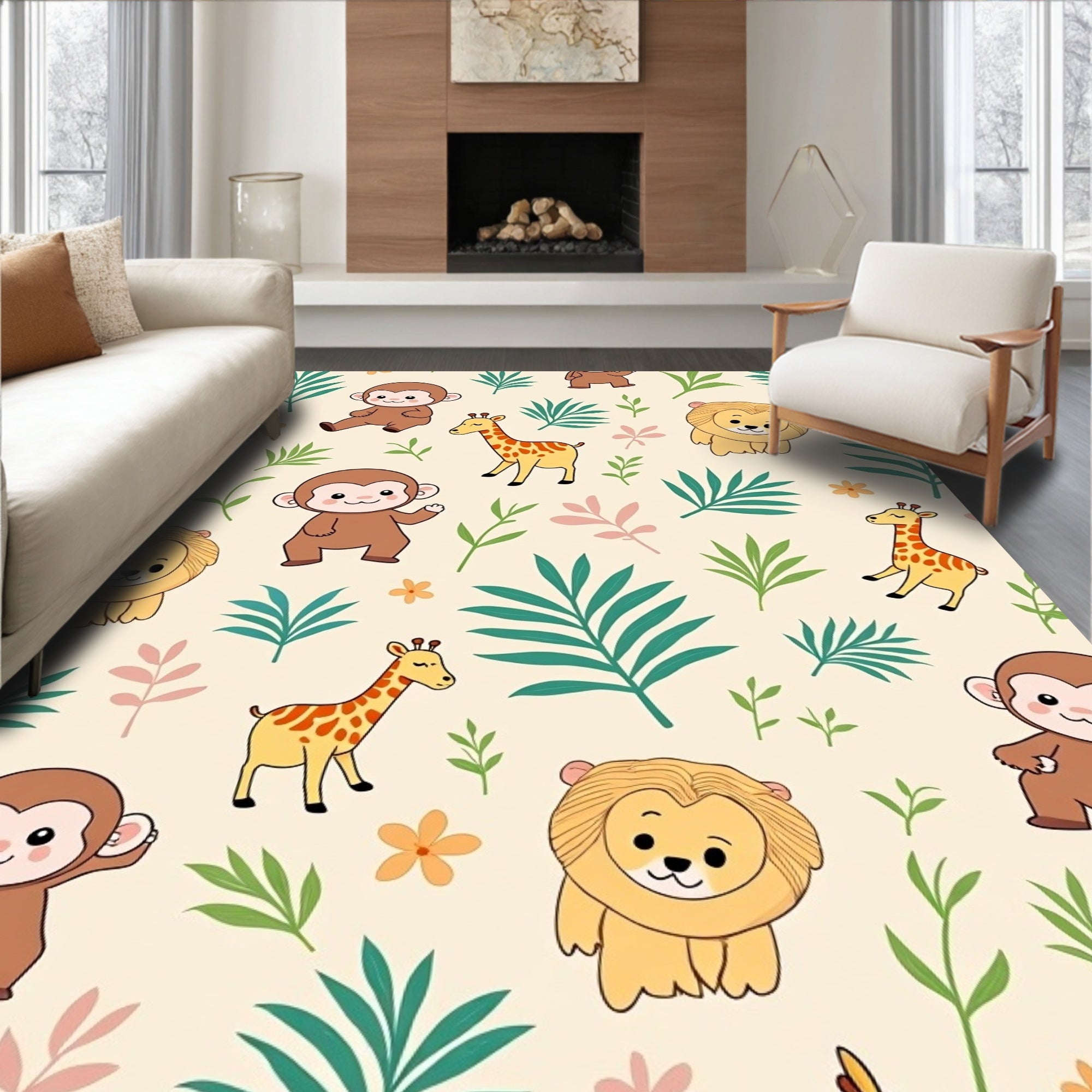 Cute Safari Animals Jungle Leaves Rug