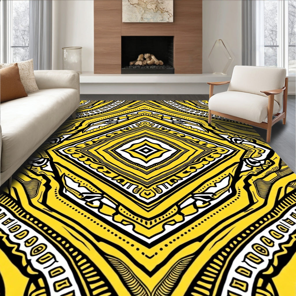 Vibrant Yellow Black Diamond Medallion Rug