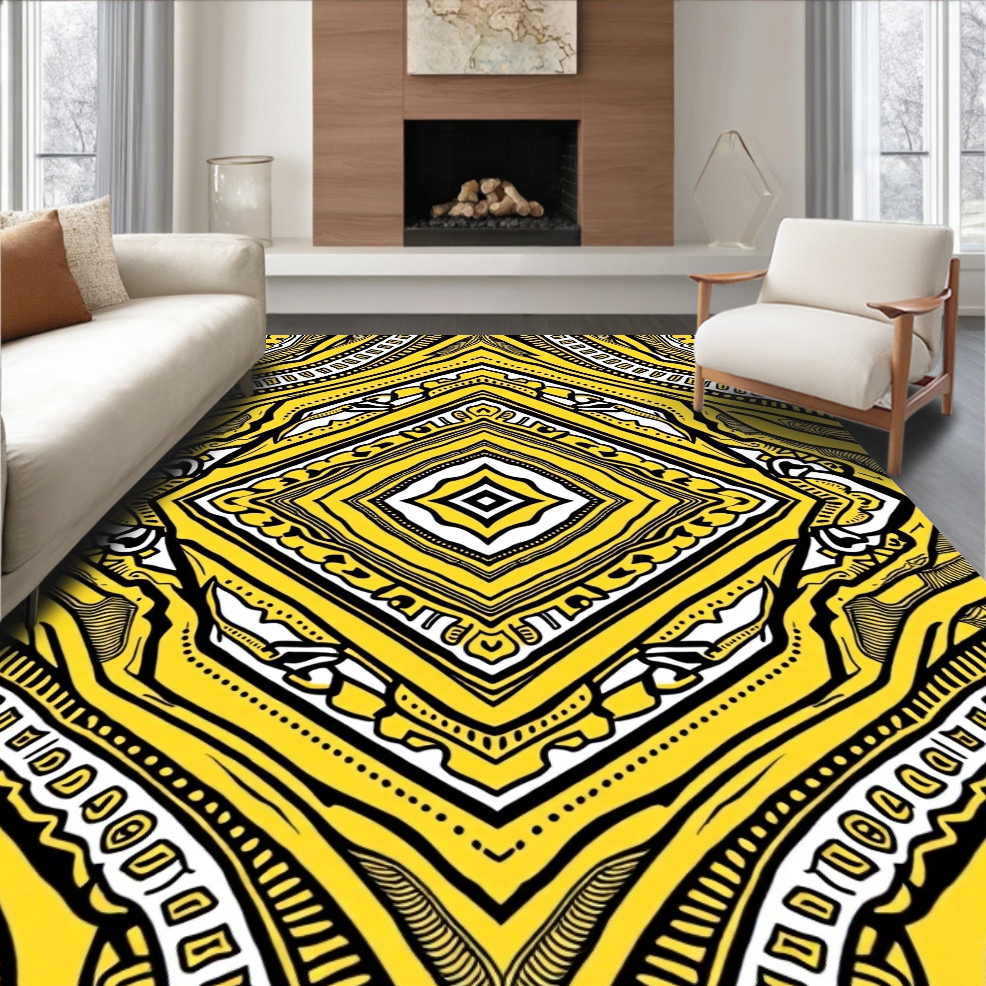 Vibrant Yellow Black Diamond Medallion Rug