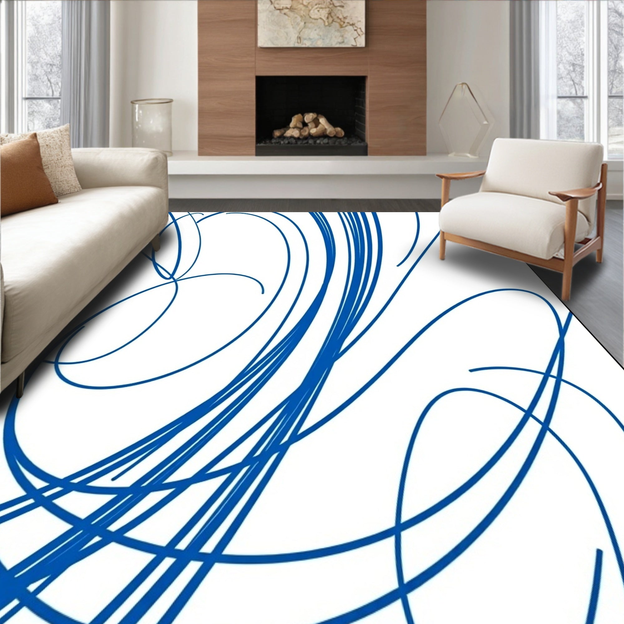 Bold Cobalt Swirls Abstract Lines Rug
