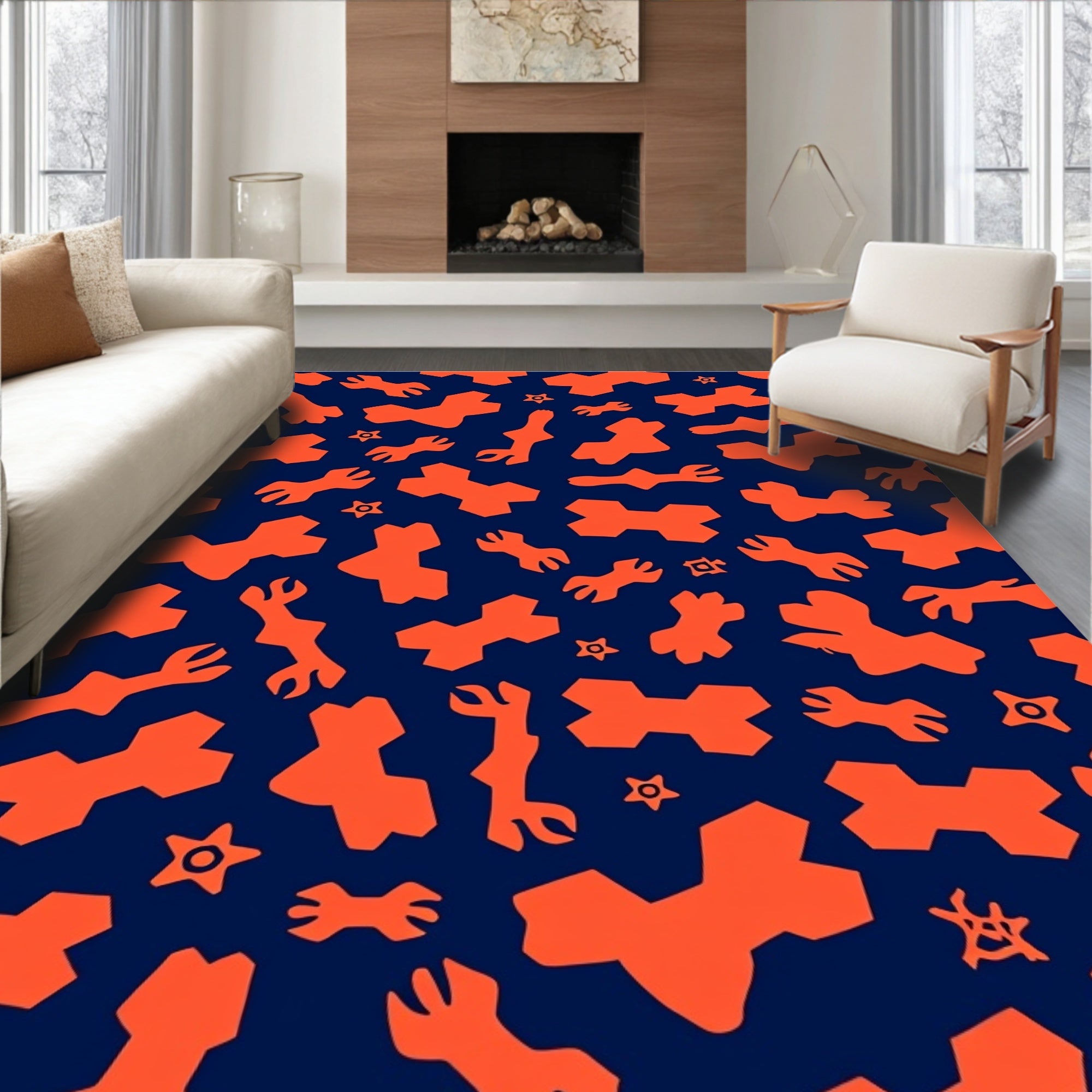 Orange Wrench Tools Navy Background Rug