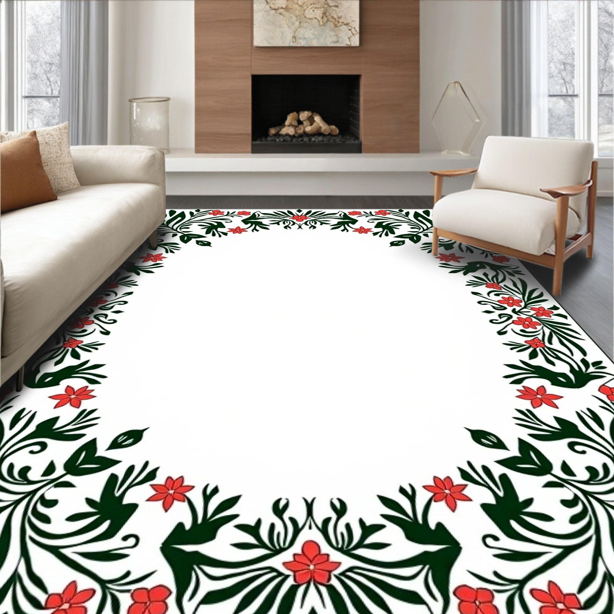 Emerald Green Floral Border Rug