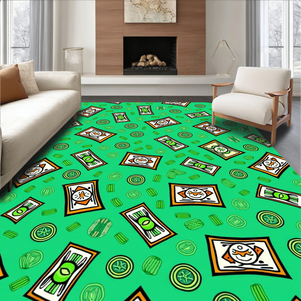 Green Orange White Whimsical Character Rug