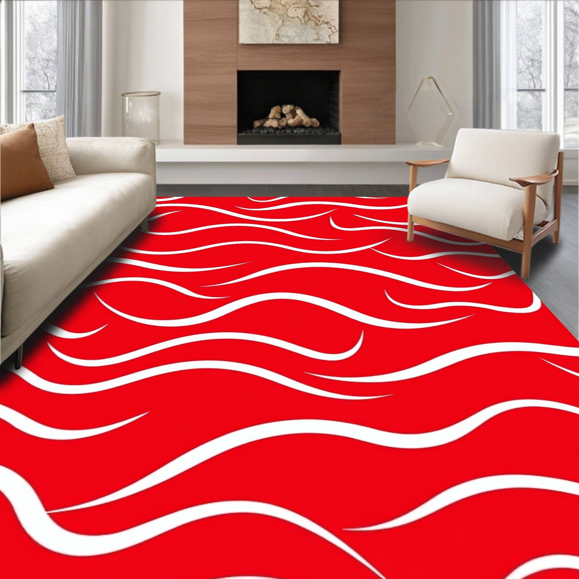 Crimson White Flowing Wave Rug
