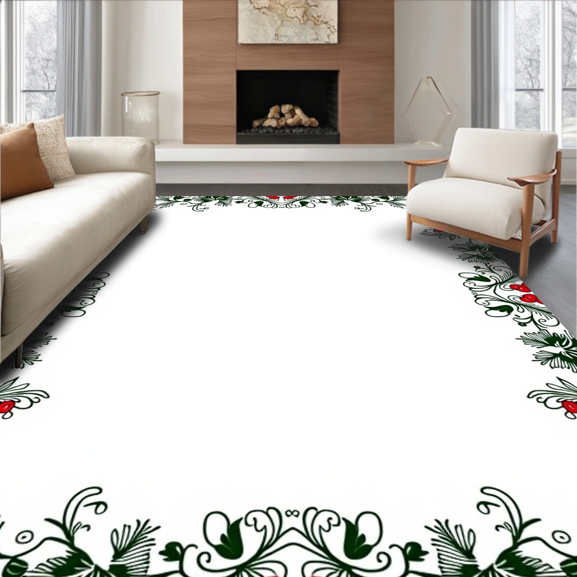Festive Red Berry Greenery Border Rug
