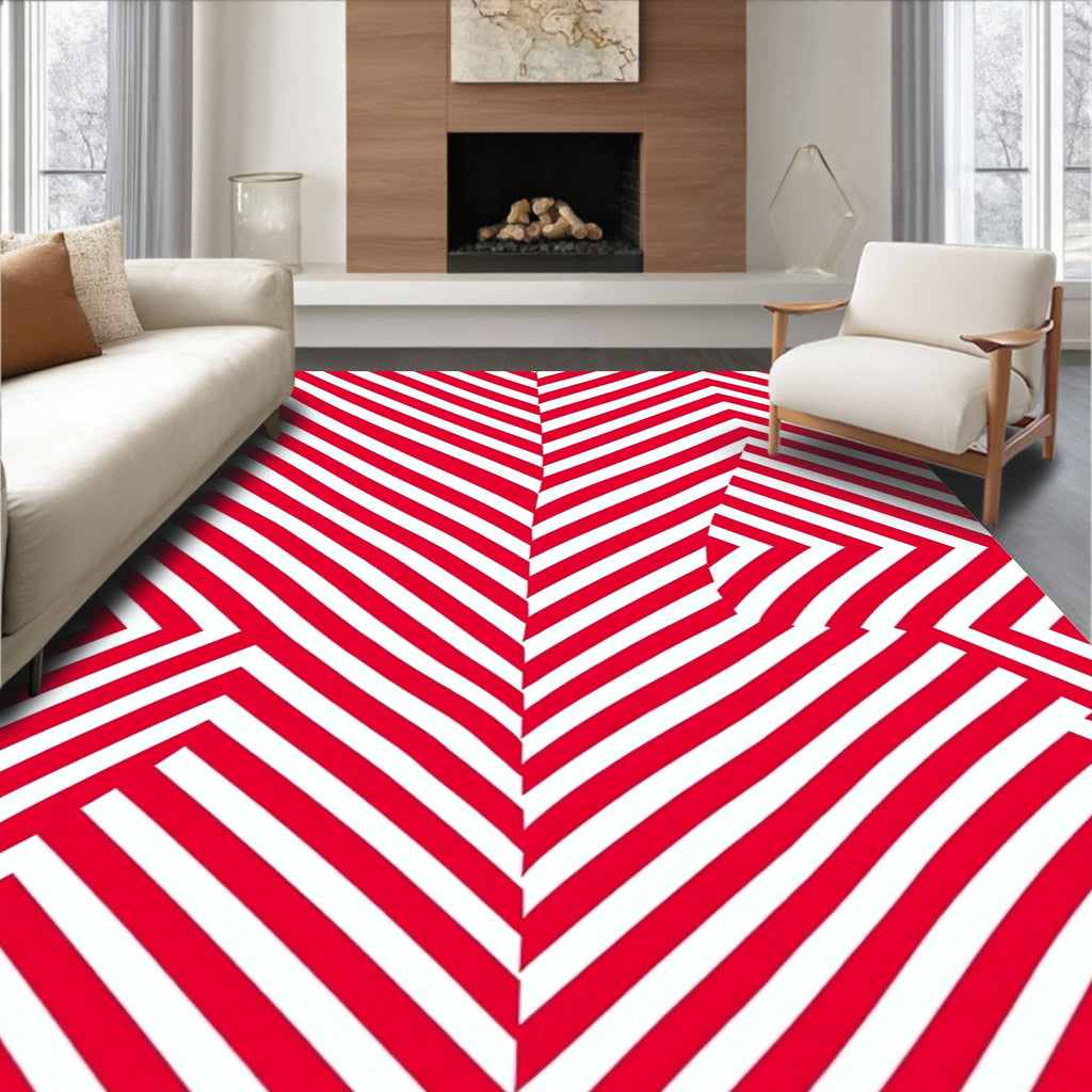 Bold Red White Geometric Chevron Rug