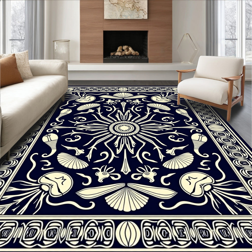 Dark Blue Cream Nautical Sunburst Rug