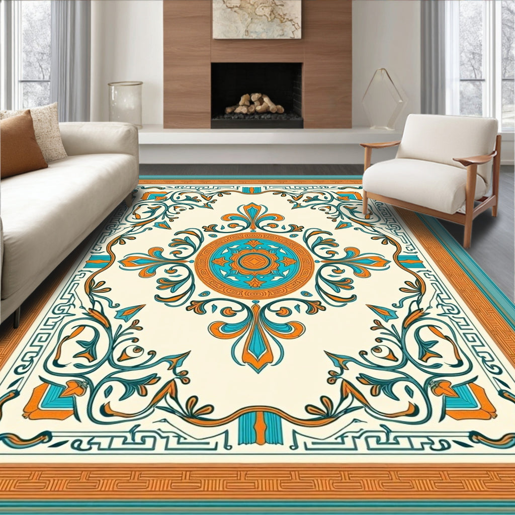 Turquoise Orange Floral Medallion Border Rug