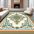 Turquoise Orange Floral Medallion Border Rug