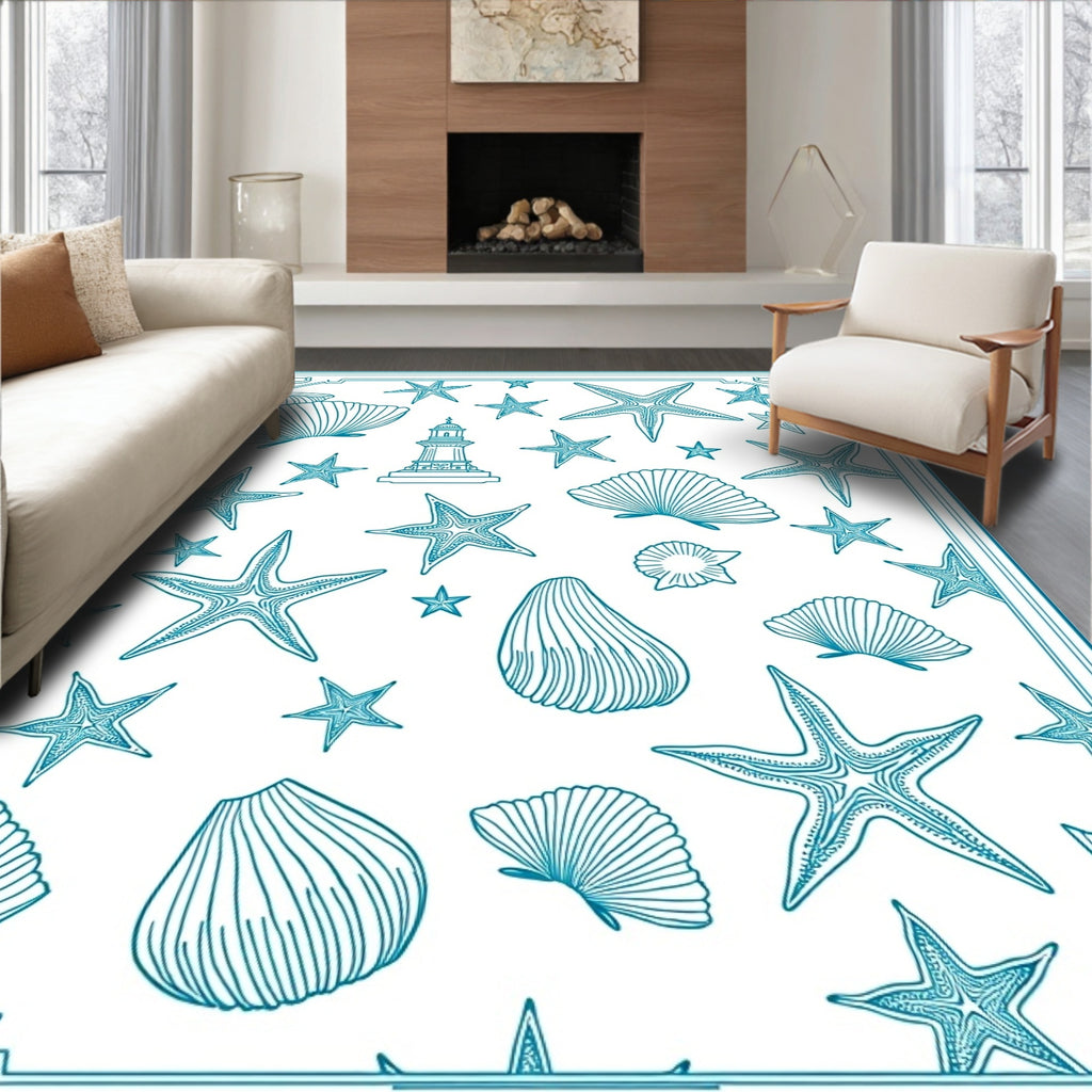 Teal Coastal Lighthouse Shell Starfish Scene Rug
