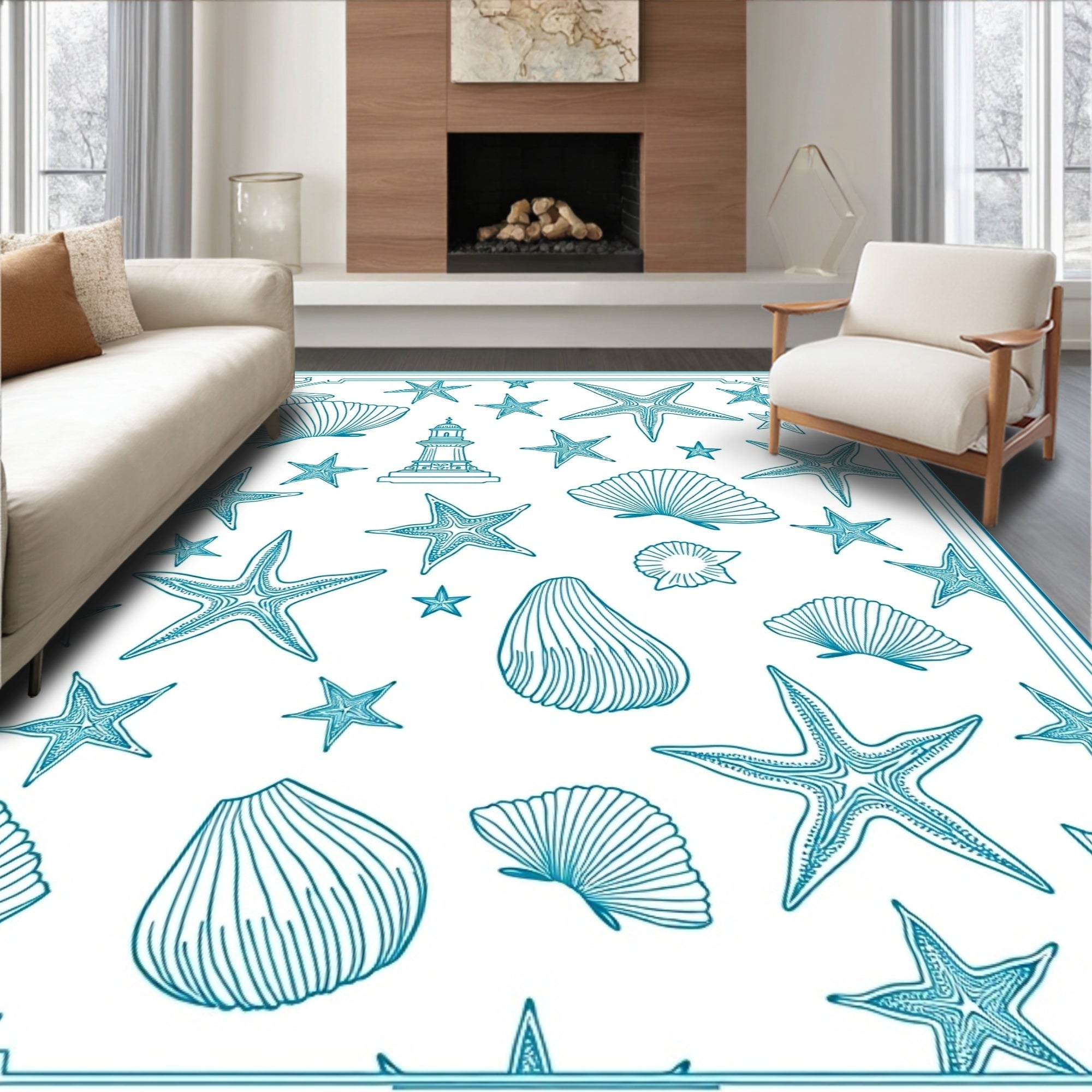 Teal Coastal Lighthouse Shell Starfish Scene Rug