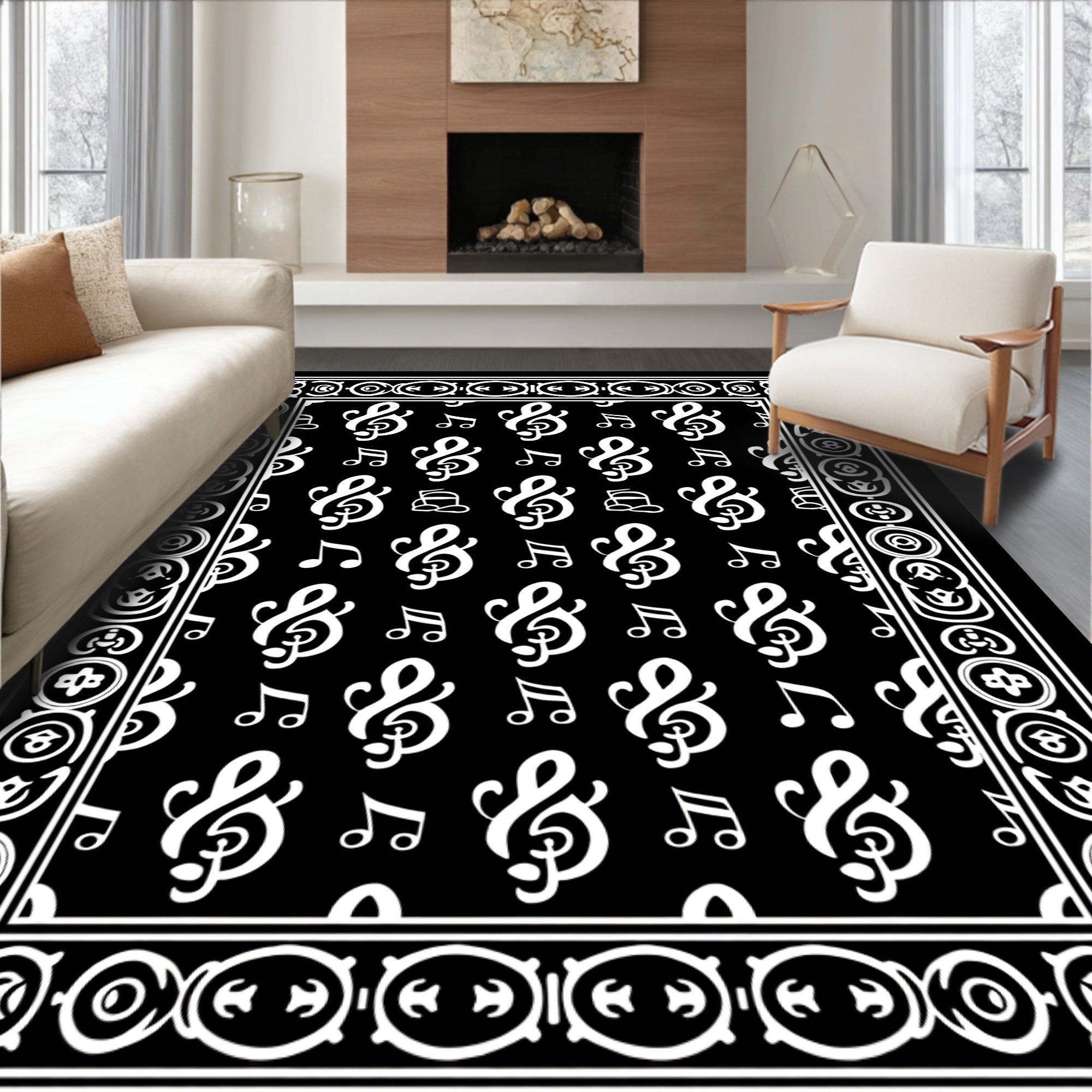 Black and white treble clef notes Rug