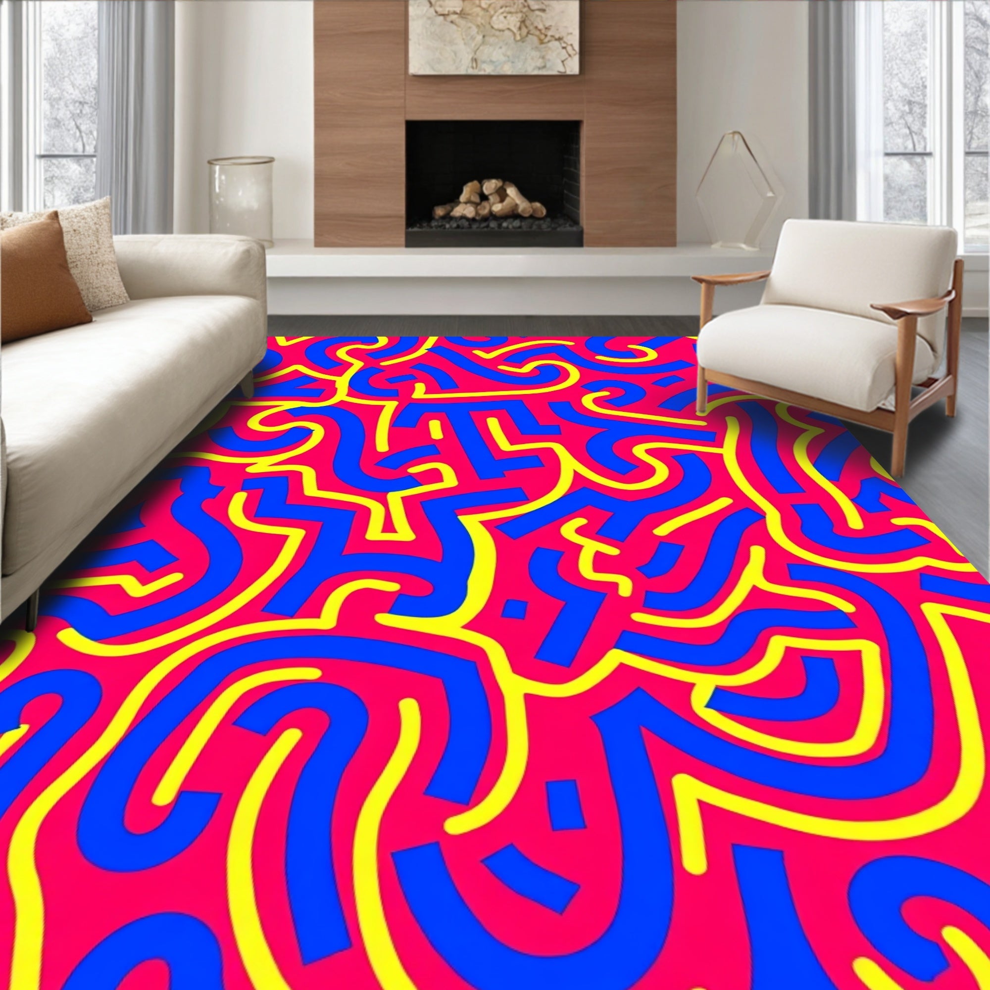 Vivid Blue Yellow Swirl Abstraction Rug