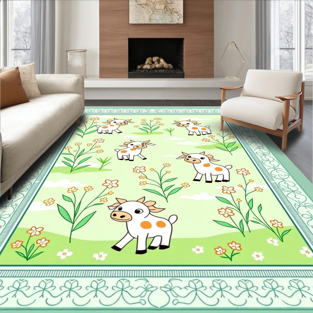 Playful white cows and flowers meadow Rug