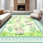 Playful white cows and flowers meadow Rug