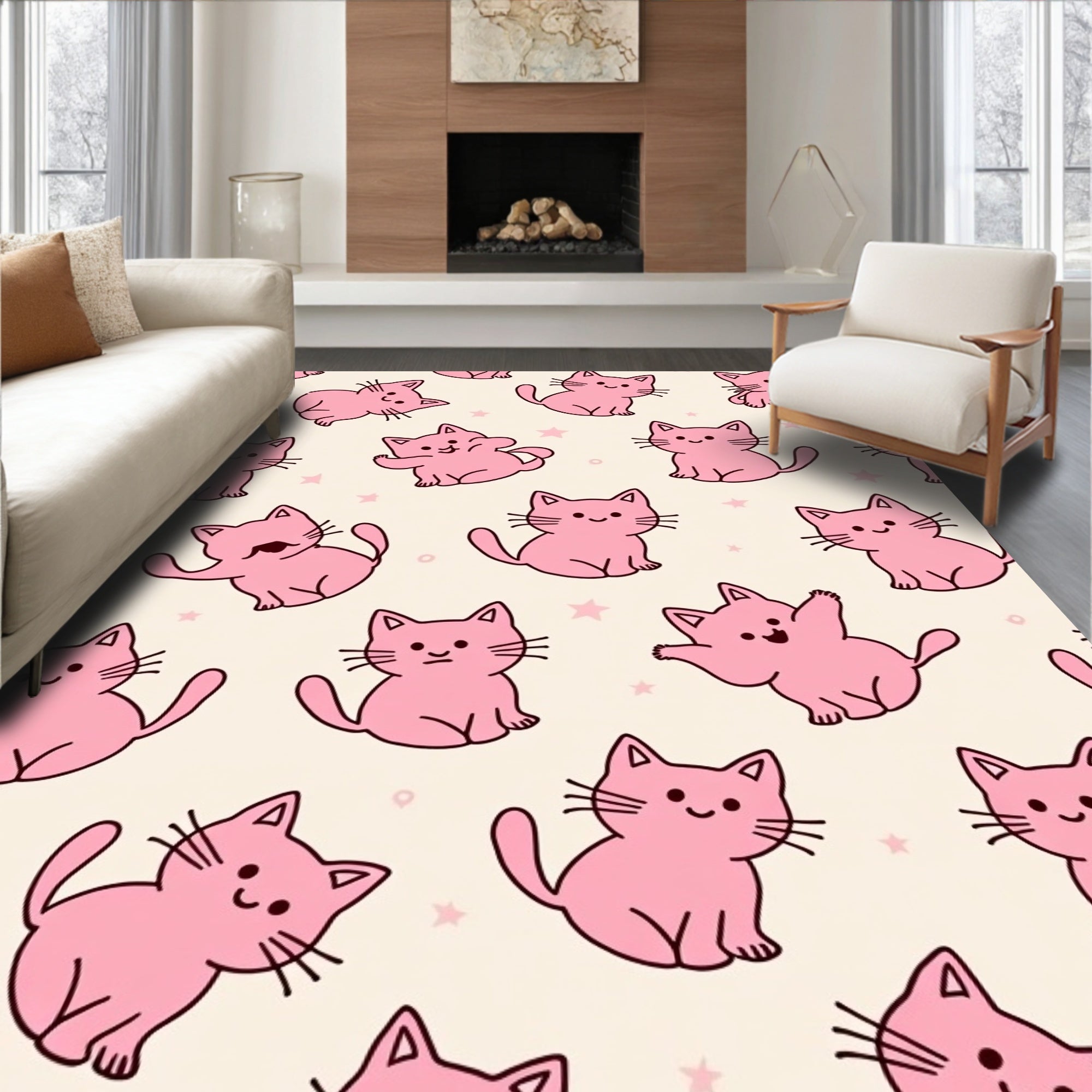 Playful Pink Kittens Starry Background Rug