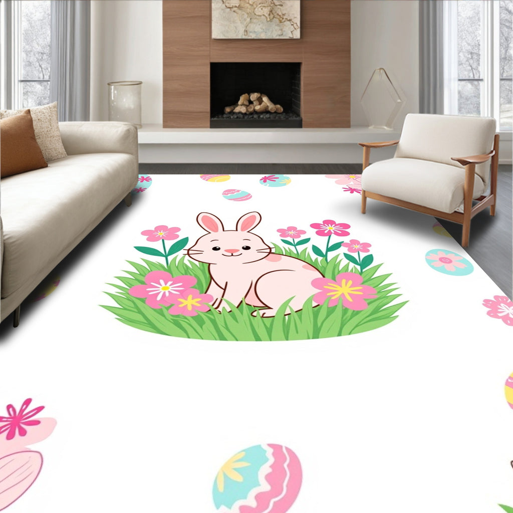 Whimsical Easter Bunny Floral Meadow Rug