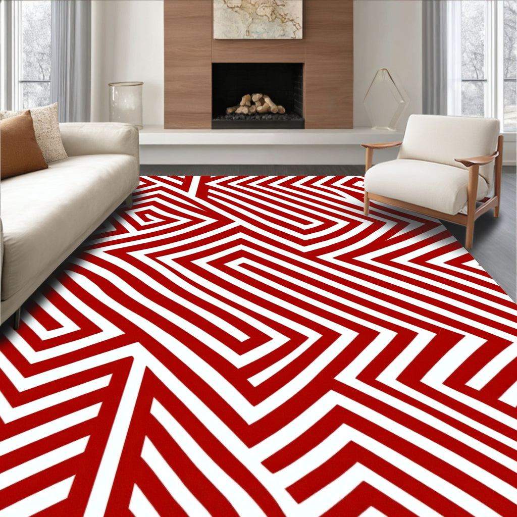 Striking Red Labyrinth Lines Rug