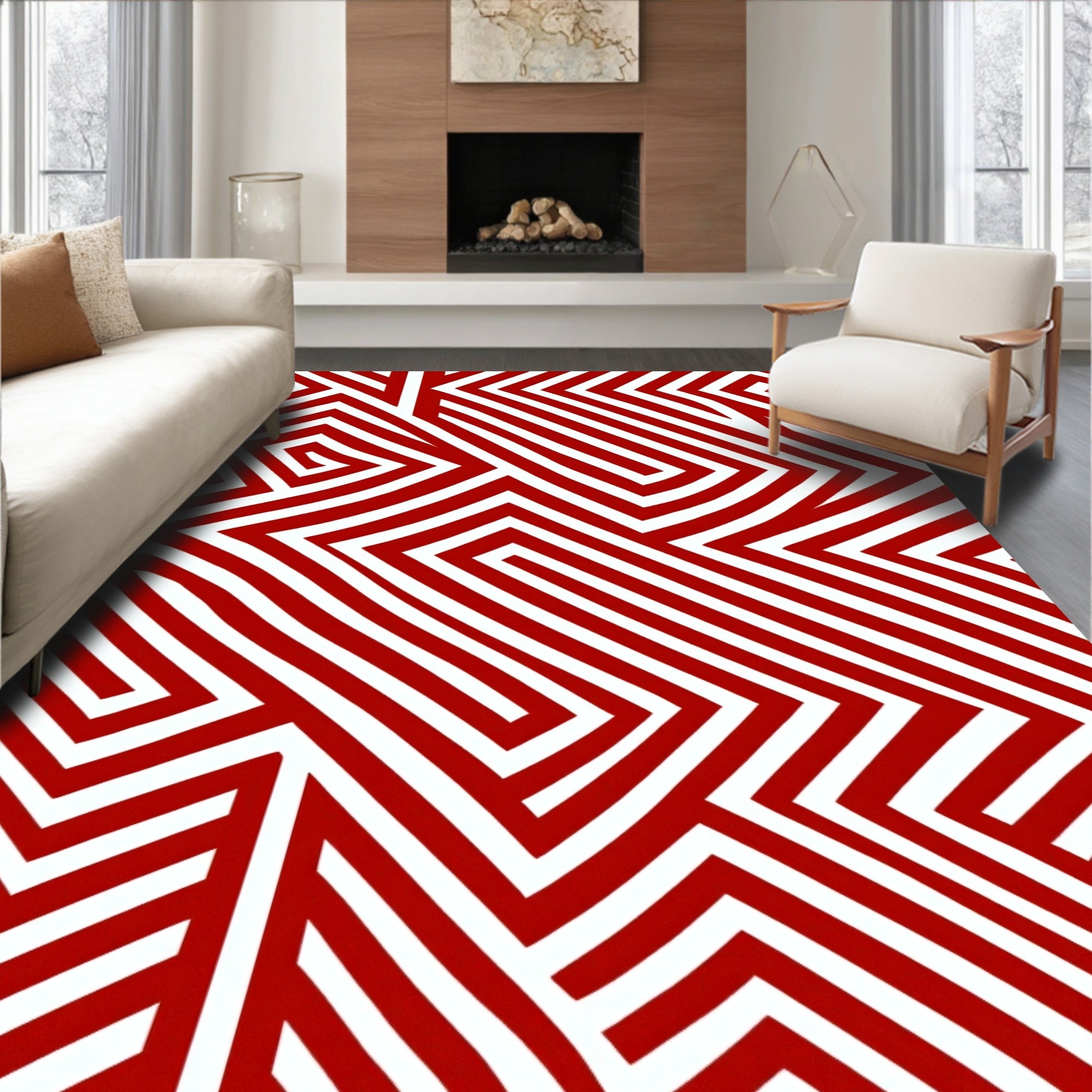 Striking Red Labyrinth Lines Rug