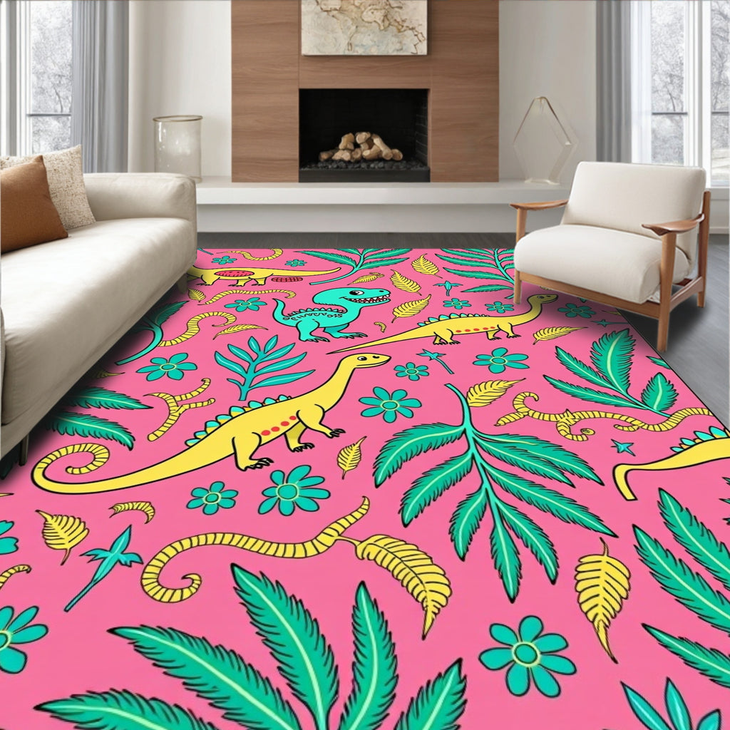 Fun Yellow Dinosaurs Tropical Pink Jungle Rug