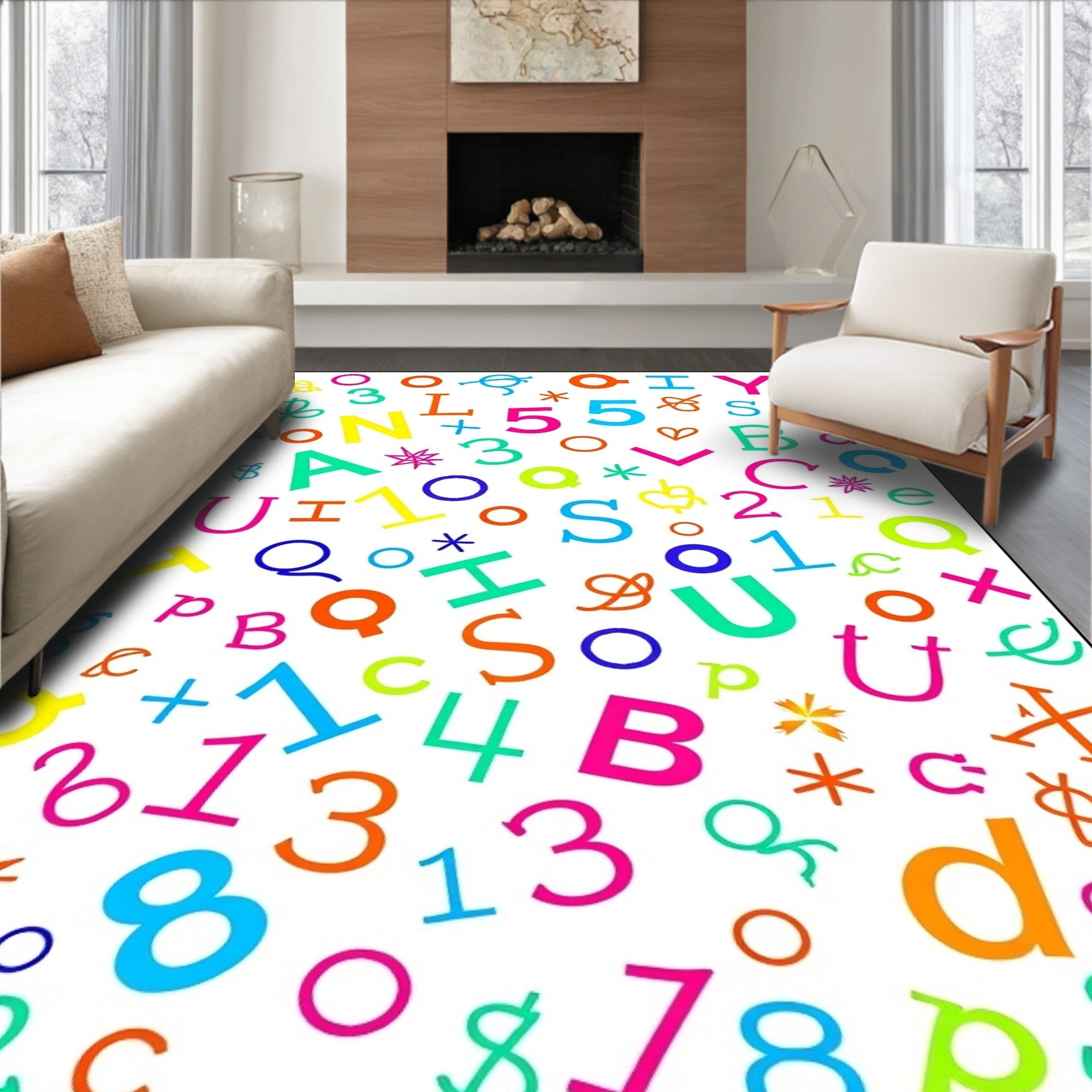 Vibrant Alphabetical Numeric Collage Rug