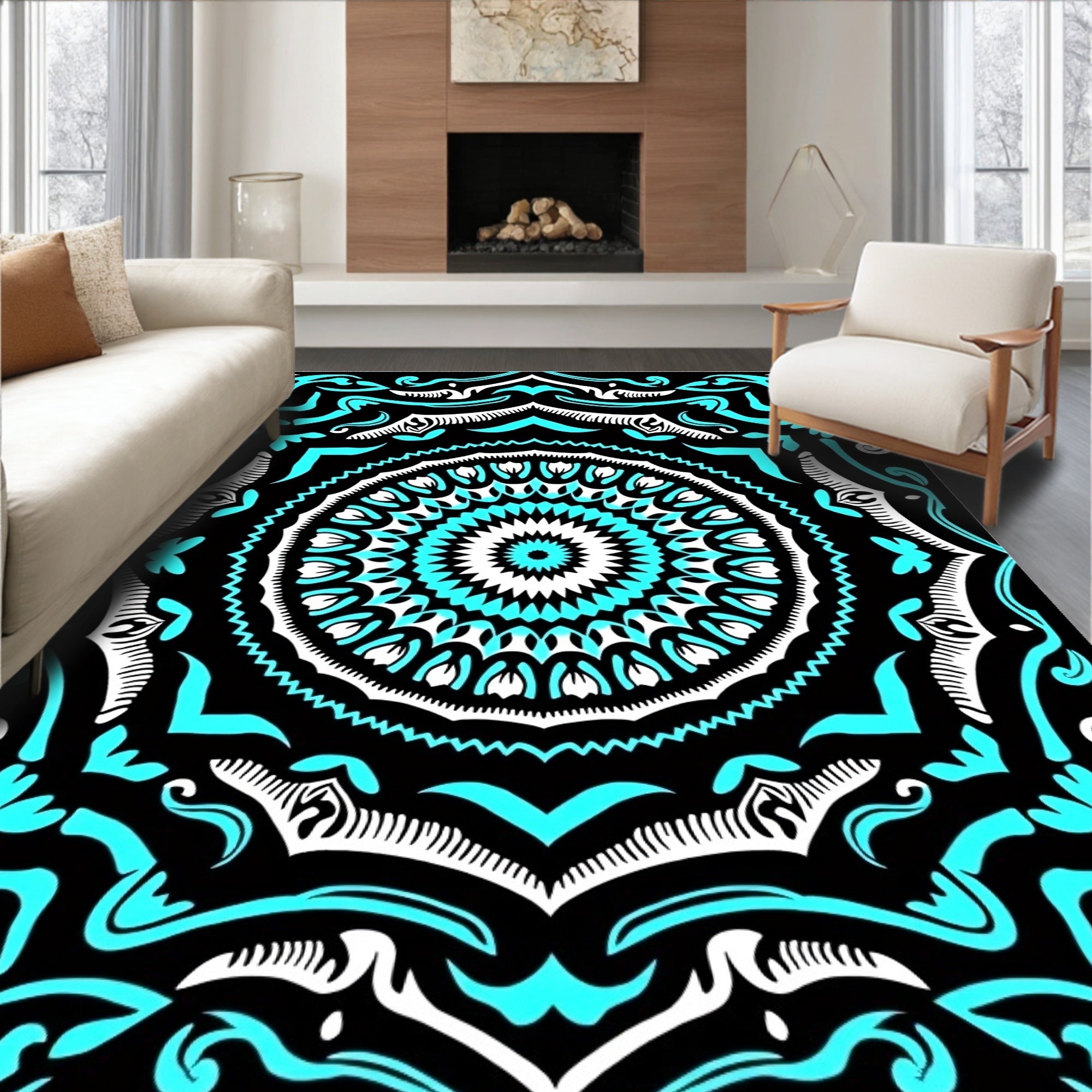 Turquoise White Black Mandala Bloom Rug