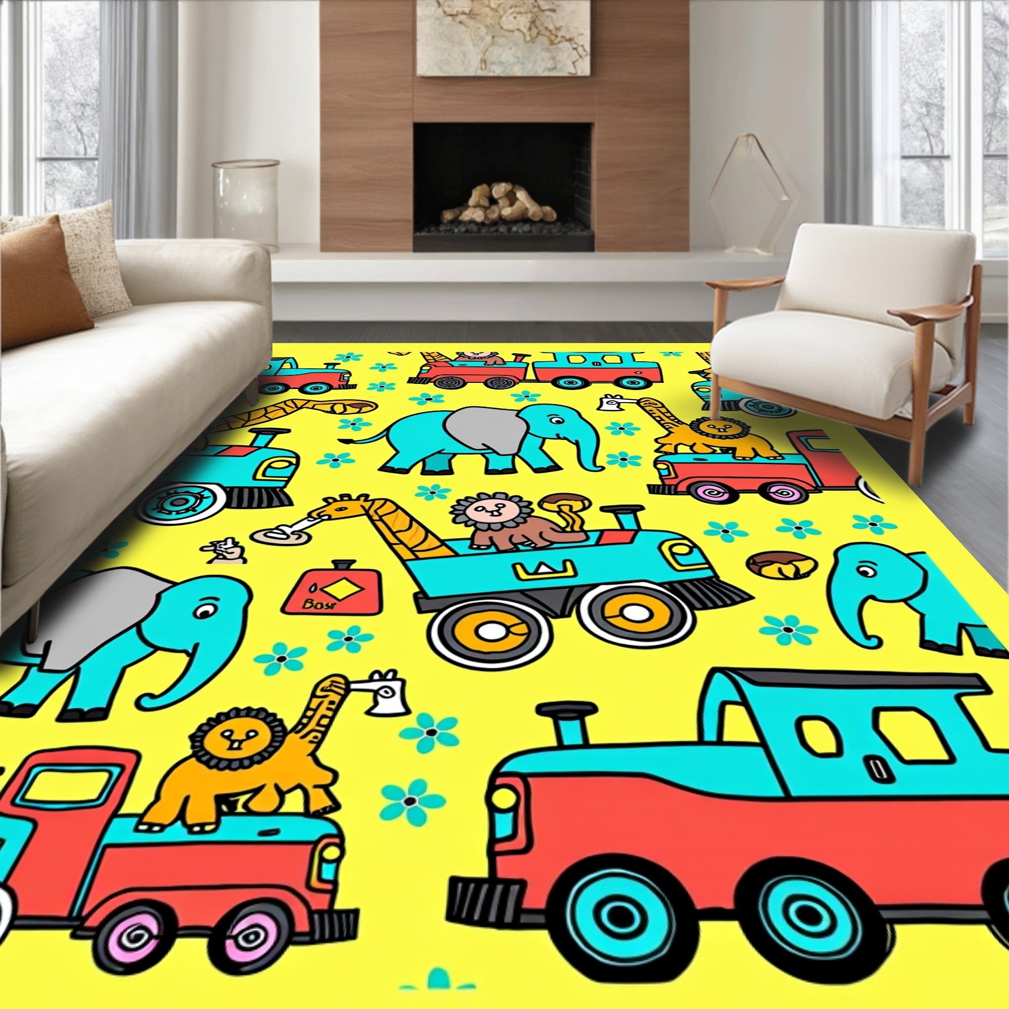 Whimsical Teal Elephant Lion Train Adventure Rug