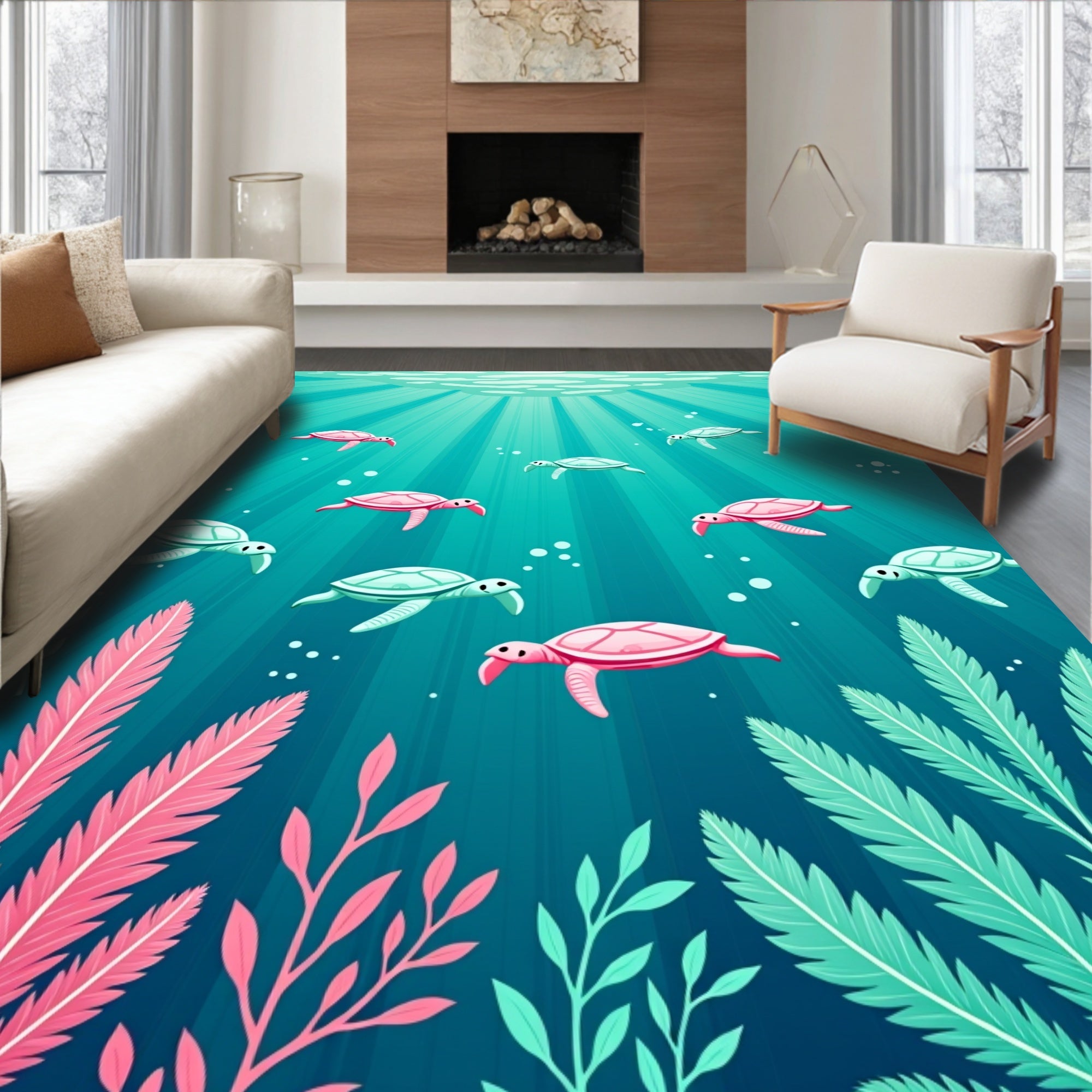 Underwater Sea Turtle Coral Scene Rug