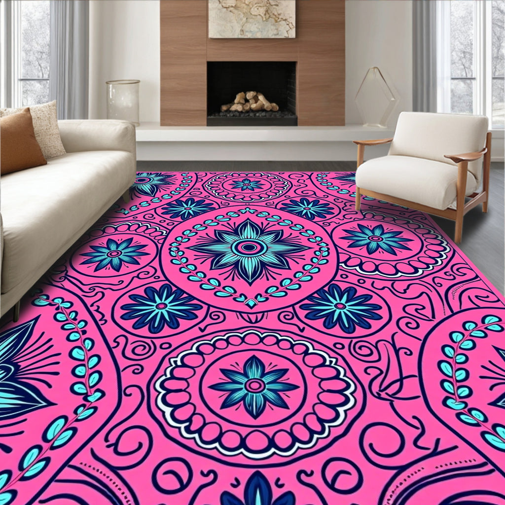 Vibrant Pink Cyan Floral Medallion Rug