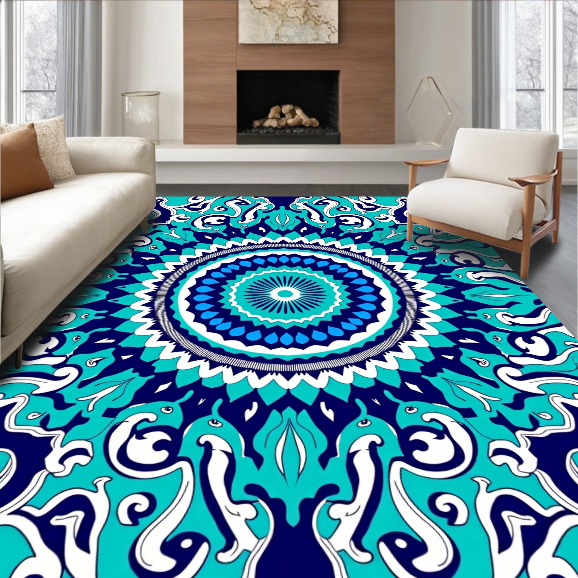 Deep Teal Indigo Floral Medallion Rug