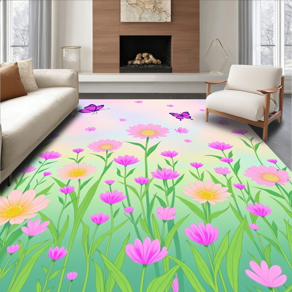 Whimsical Pink Butterflies Floral Meadow Rug