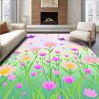 Whimsical Pink Butterflies Floral Meadow Rug