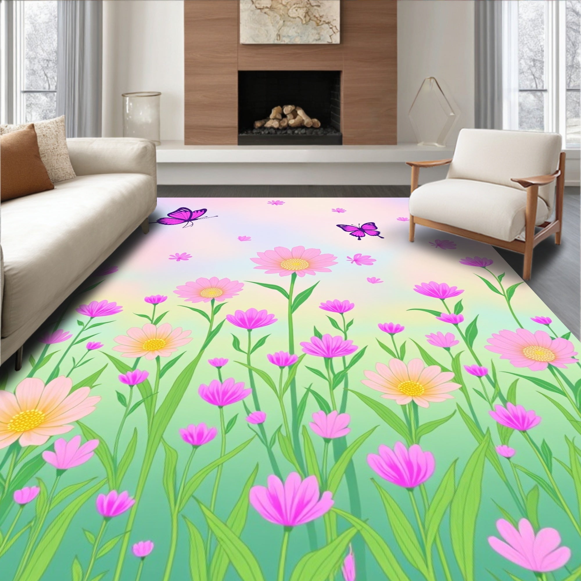 Whimsical Pink Butterflies Floral Meadow Rug