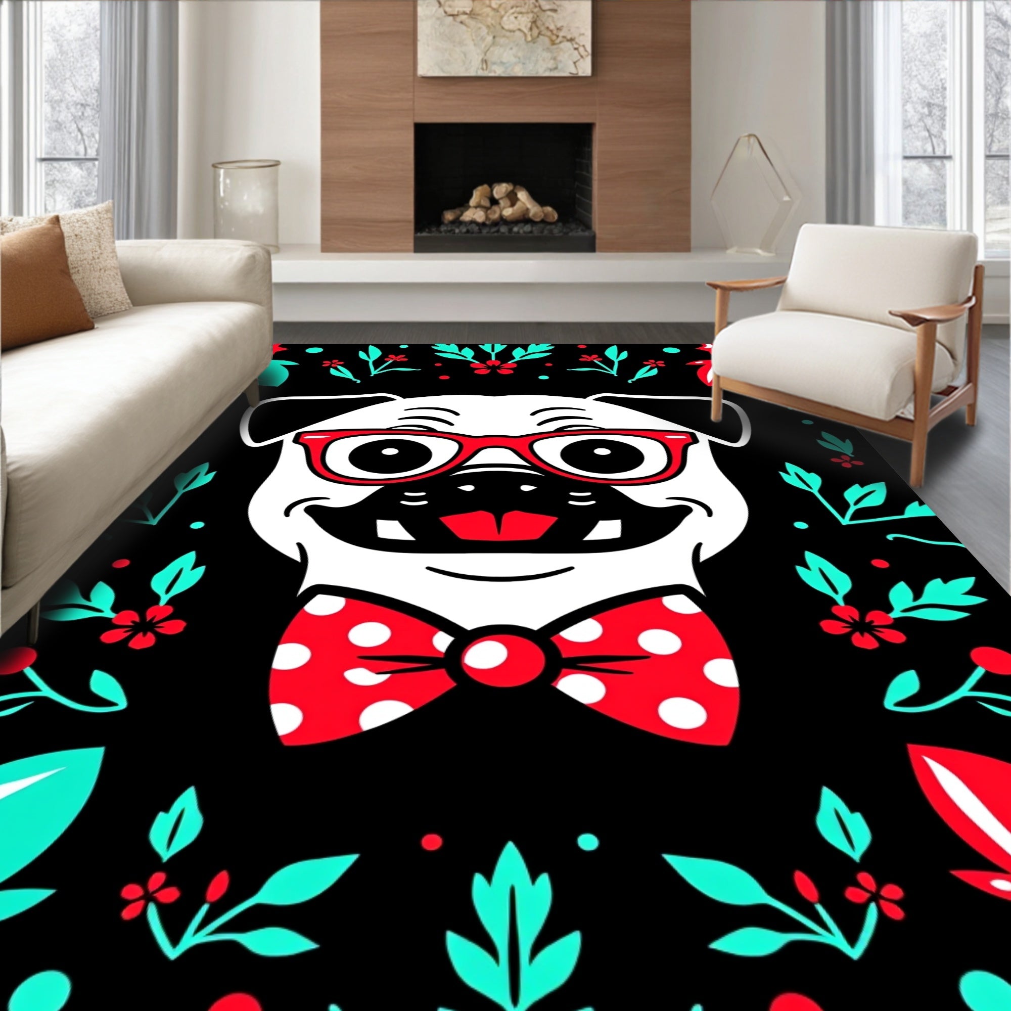 Whimsical Pug With Red Glasses Bowtie Rug