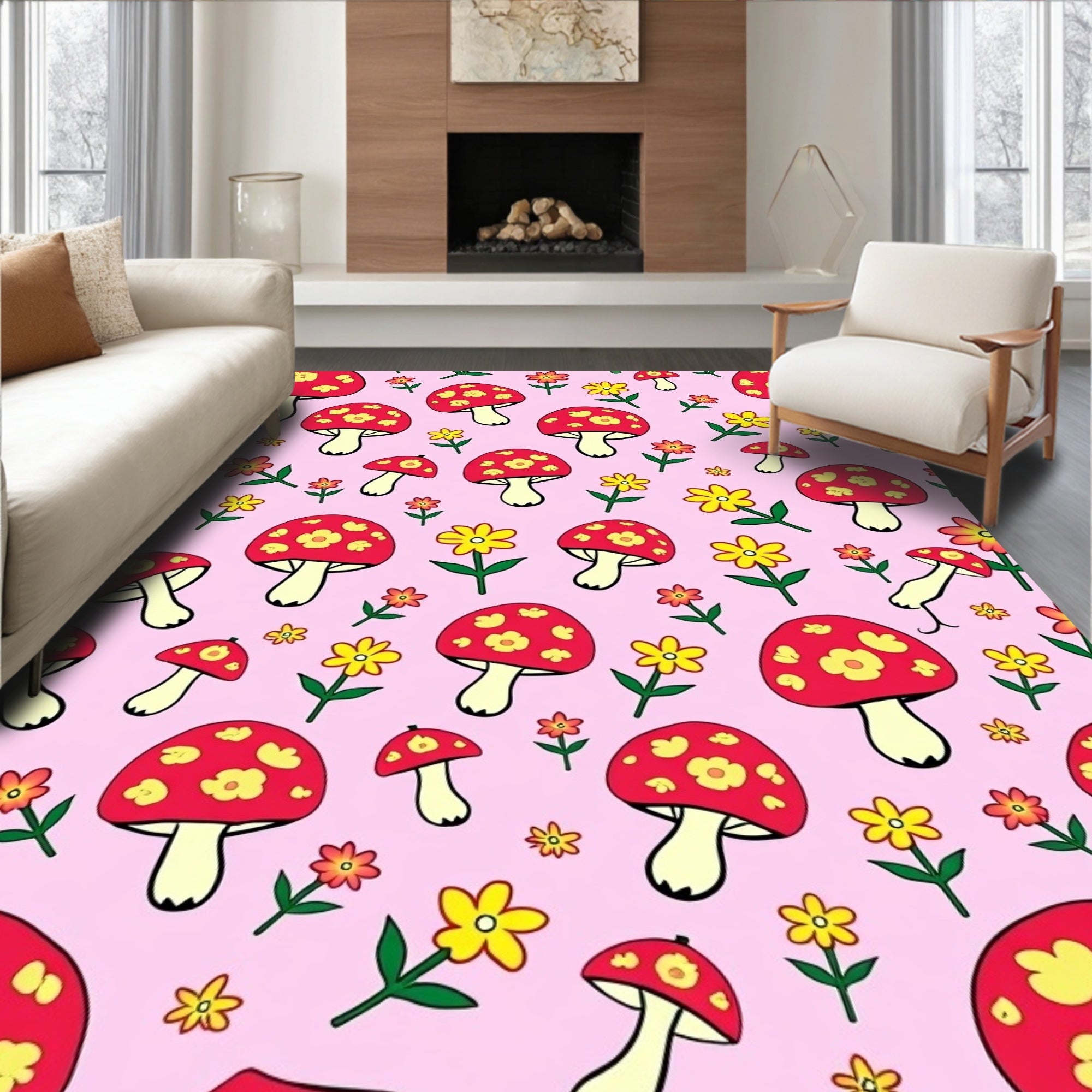 Whimsical Red Mushroom Floral Blend Rug